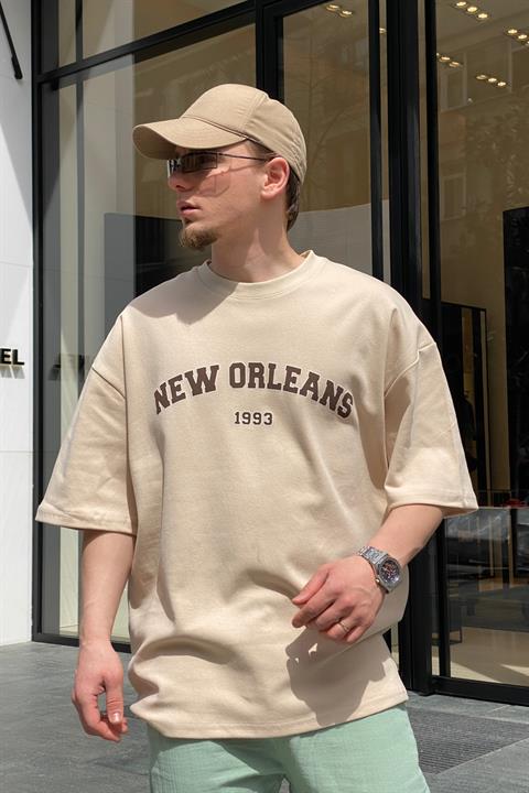 Krem New Orleans Baskılı Oversize Tshirt  T612