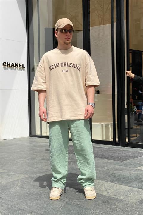 Krem New Orleans Baskılı Oversize Tshirt  T612