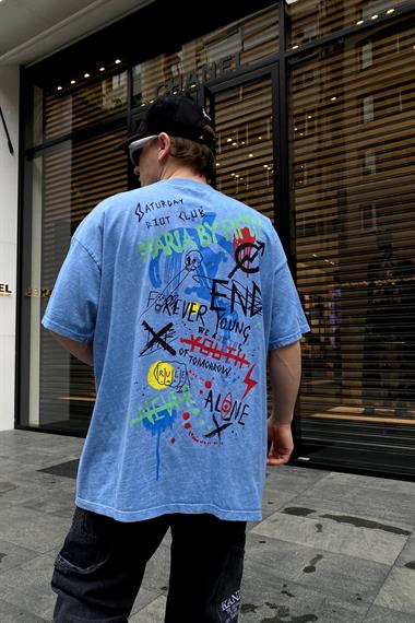 Graffiti Baskılı Mavi Oversize Tshirt T676