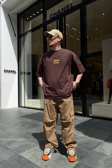 Kahverengi Harlem Baskılı Oversize Tshirt  T614