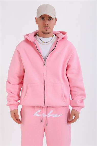 Nakışlı Pembe Oversize Zipper Hoodie SW1348 - Jr.crime