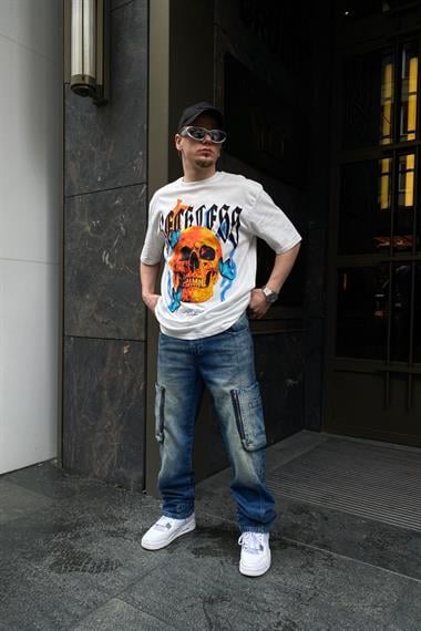 Official Kurukafa Baskılı Krem Oversize Tshirt T600