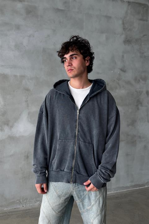 Yıkama Efektli Oversize Zipper Hoodie PM01 l JR.Crime