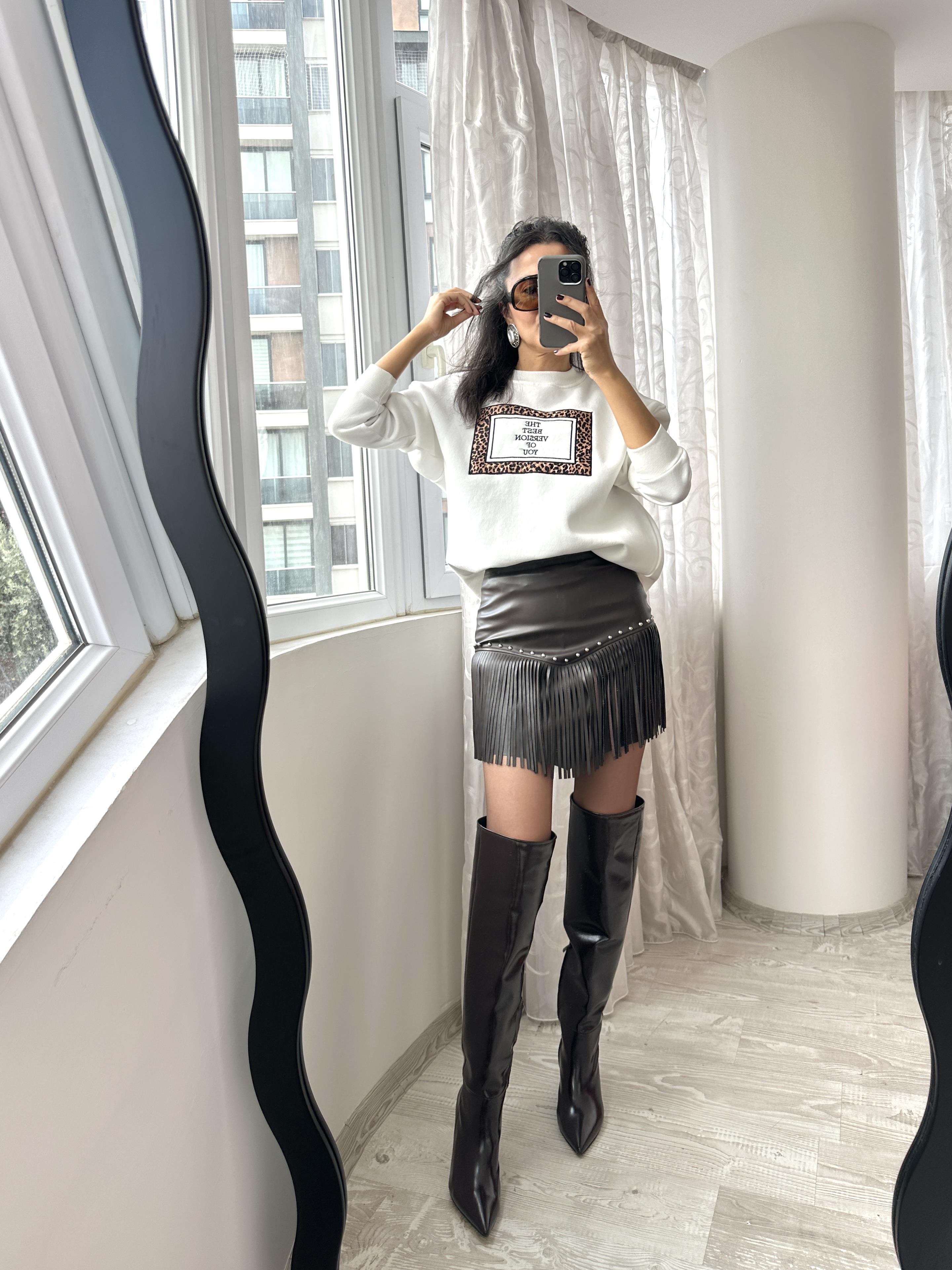 Acı Kahve Saçaklı Zımbalı Mini Deri Etek( 1 beden büyüğü önerilir) 