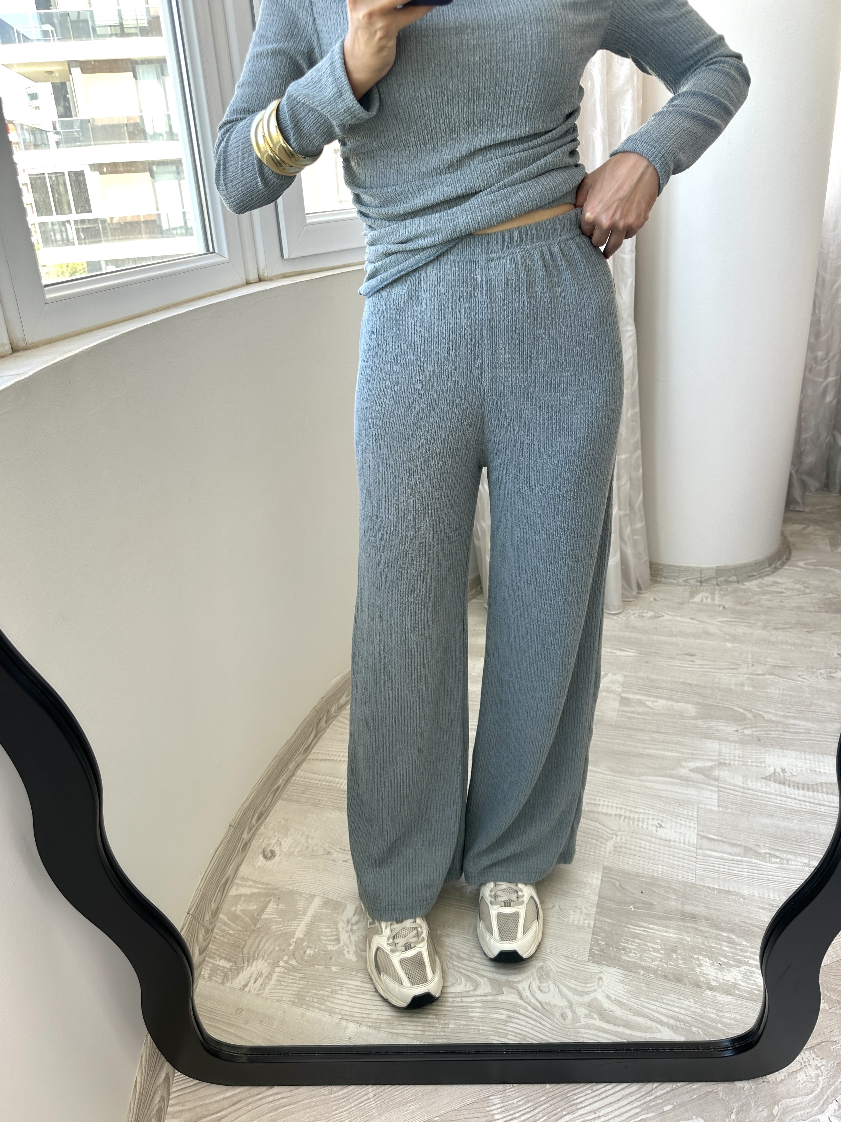 Açık Mavi Düşük Omuz Bluz Pantolon Takım