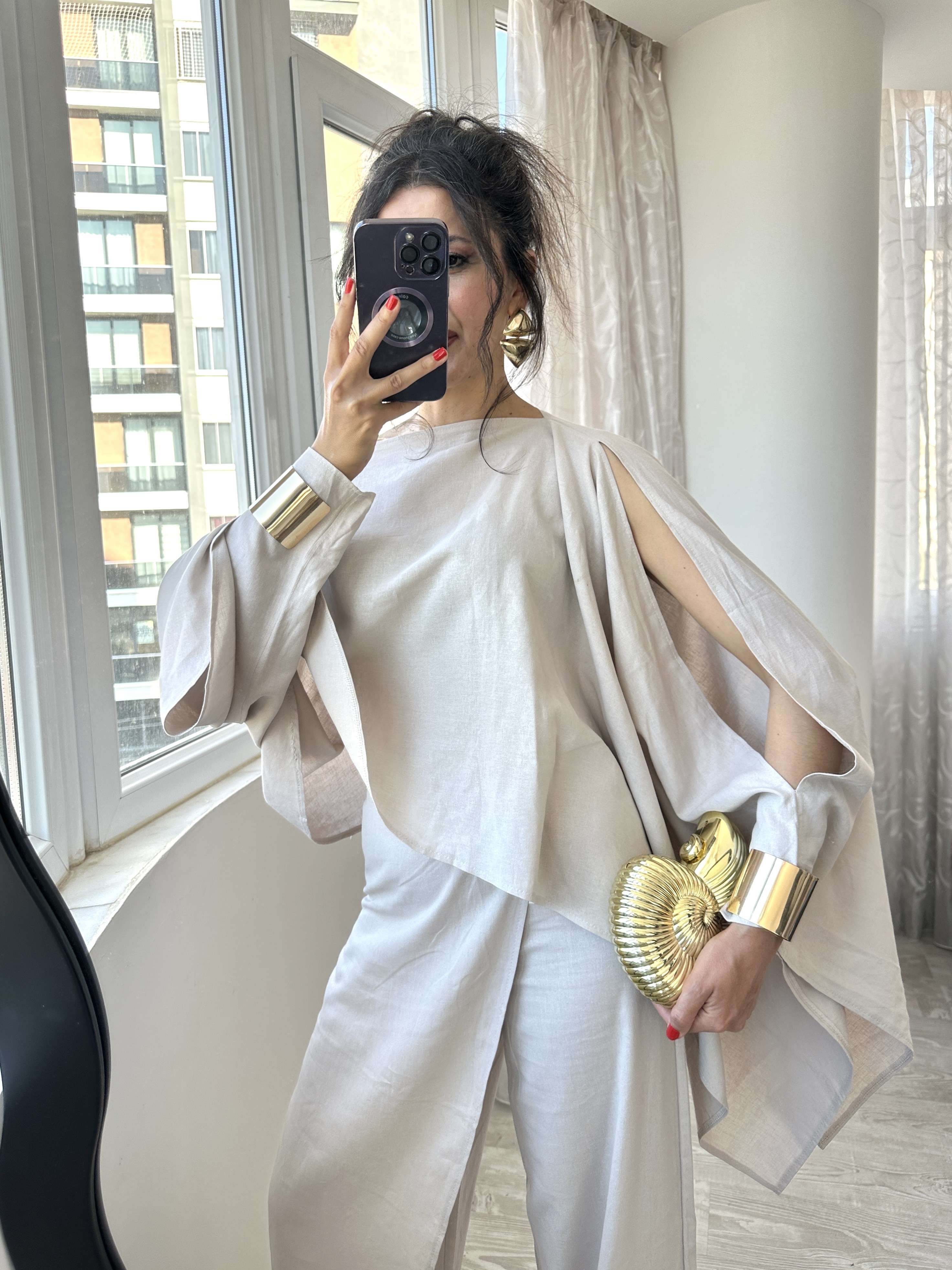 Bej Asimetrik Bluz Pantolon Takım