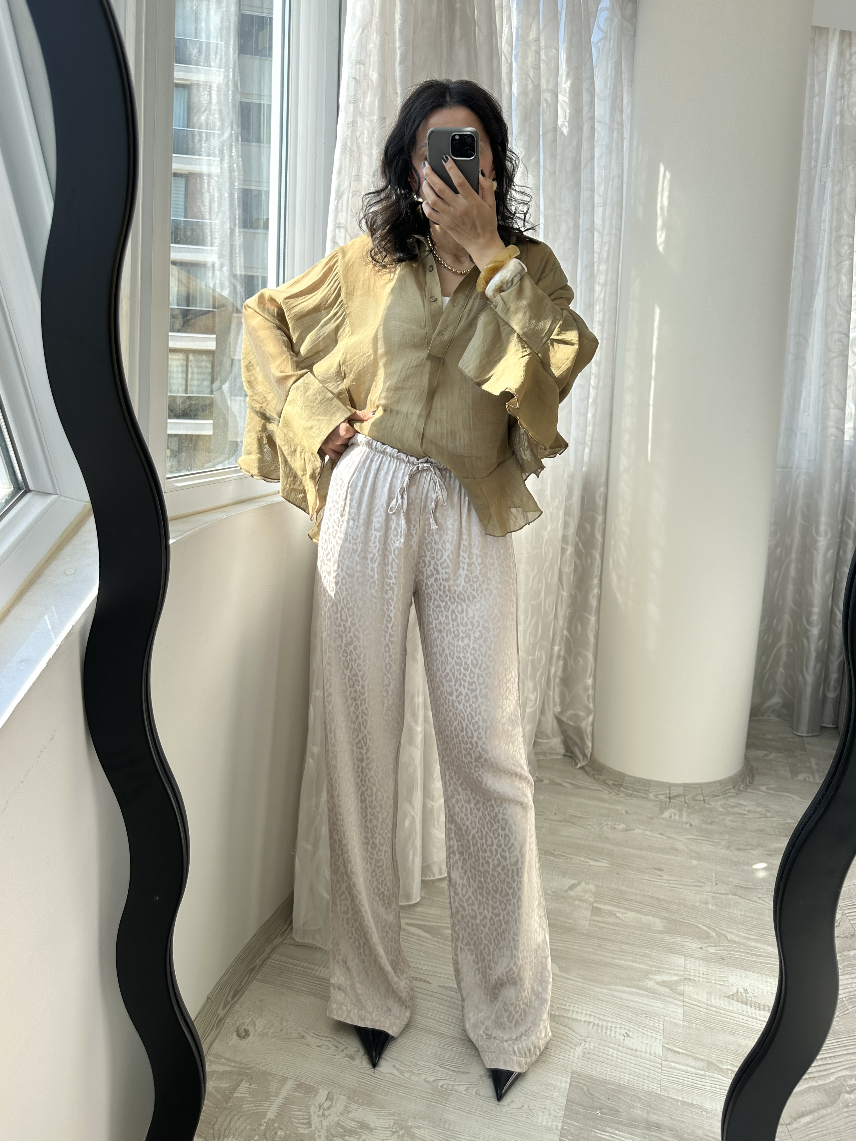 Bej Leopar Beli Lastikli Saten Pantolon