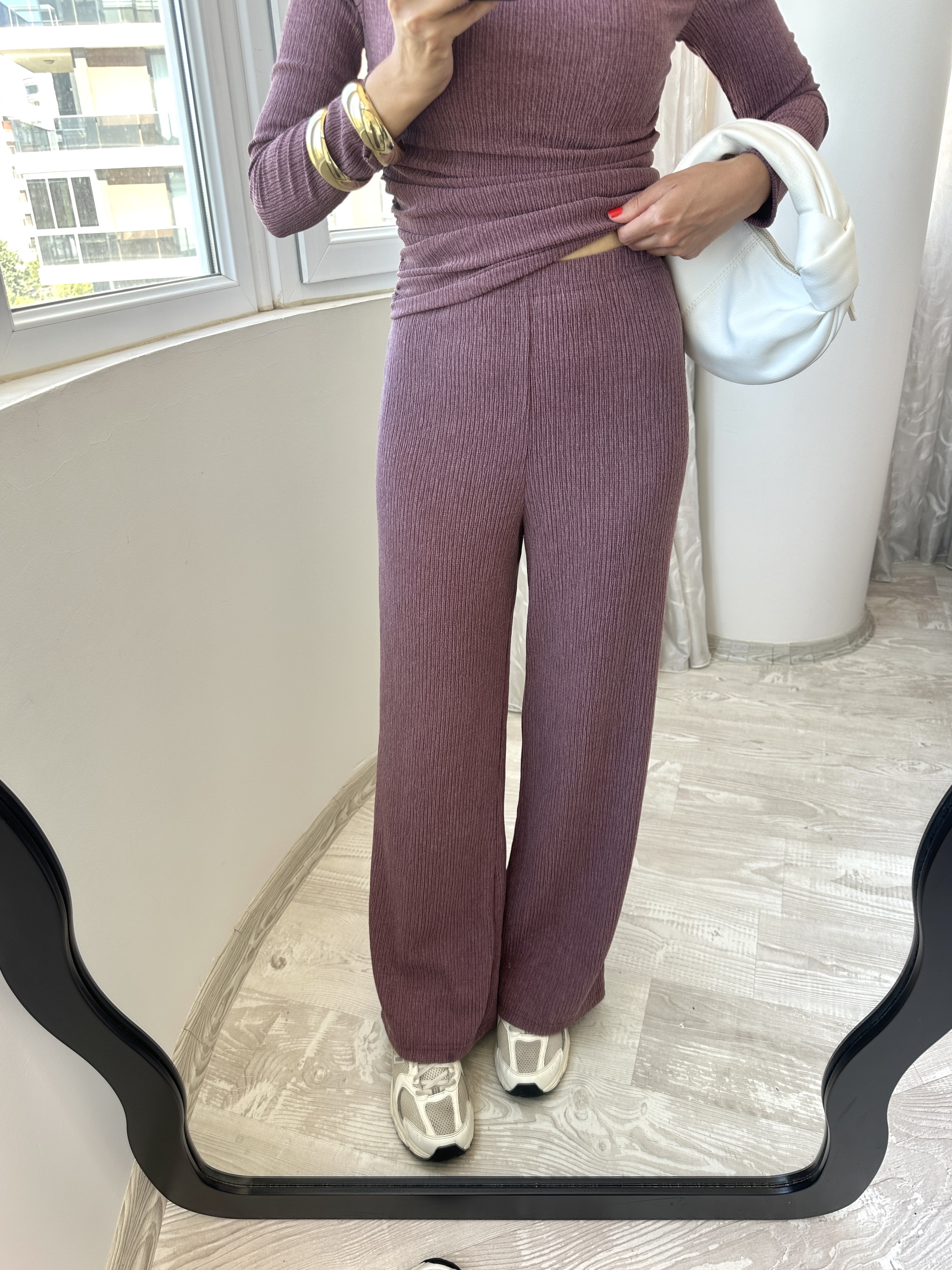 Gül Kurusu Düşük Omuzlu Bluz Pantolon Takım