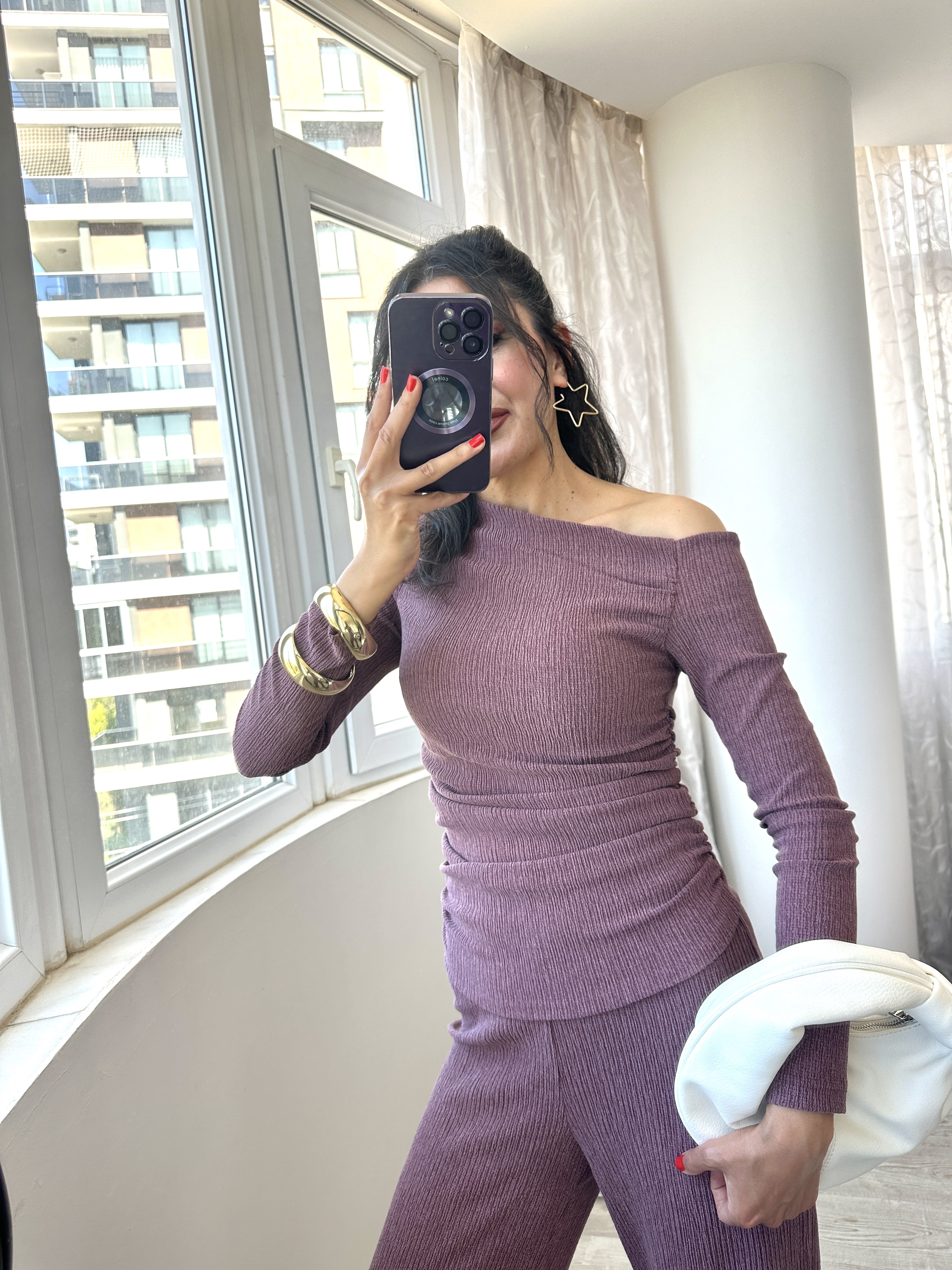 Gül Kurusu Düşük Omuzlu Bluz Pantolon Takım