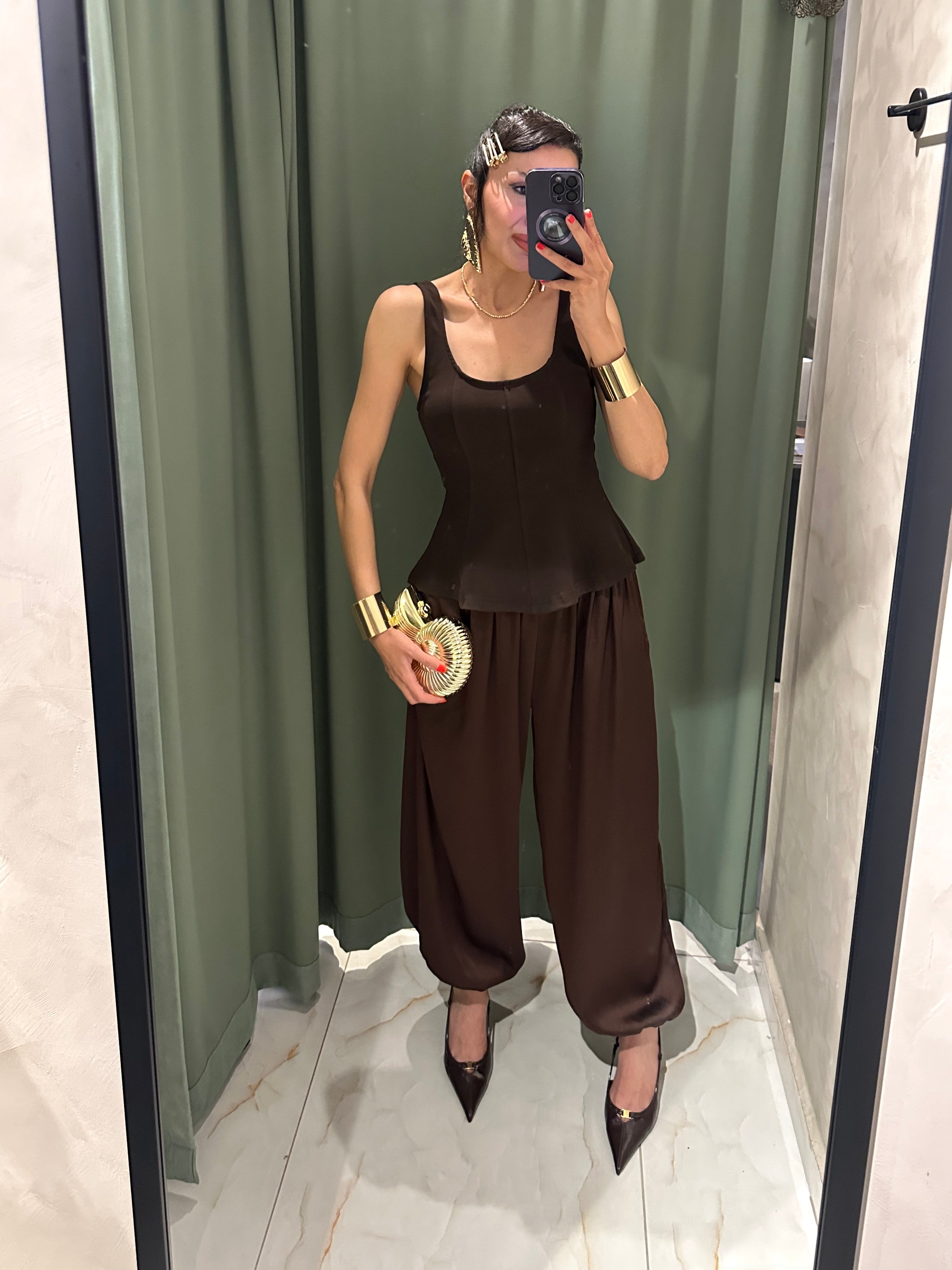 Kahverengi Saten Şalver Pantolon