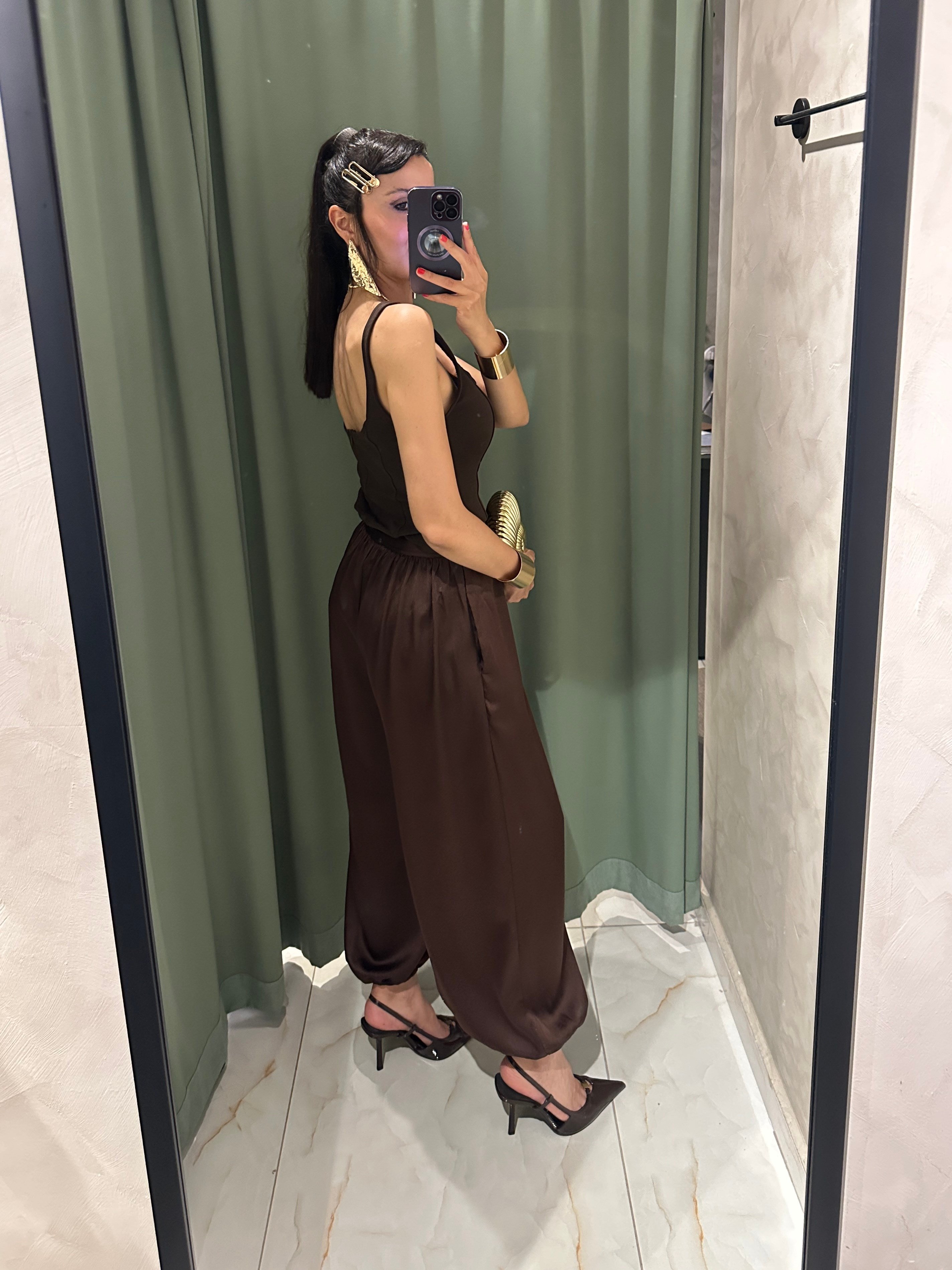 Kahverengi Saten Şalver Pantolon