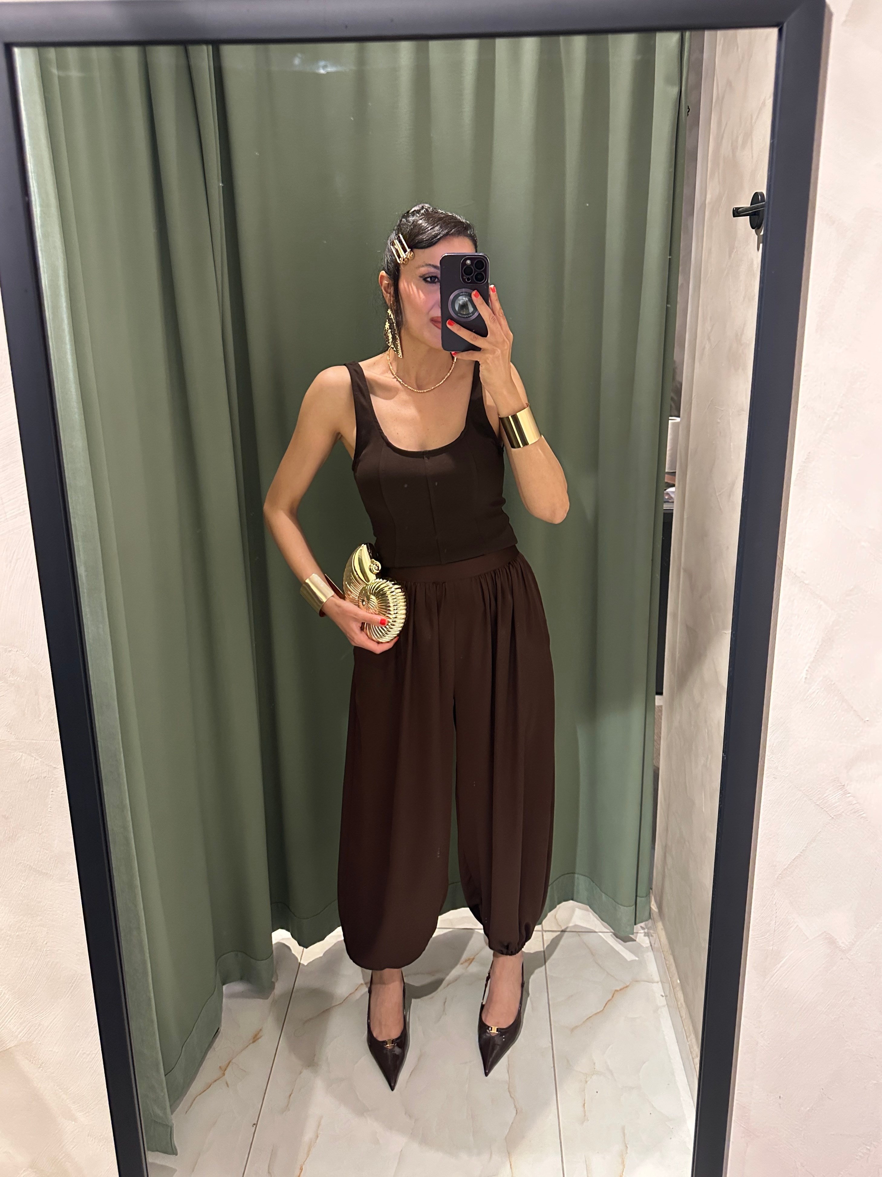 Kahverengi Saten Şalver Pantolon