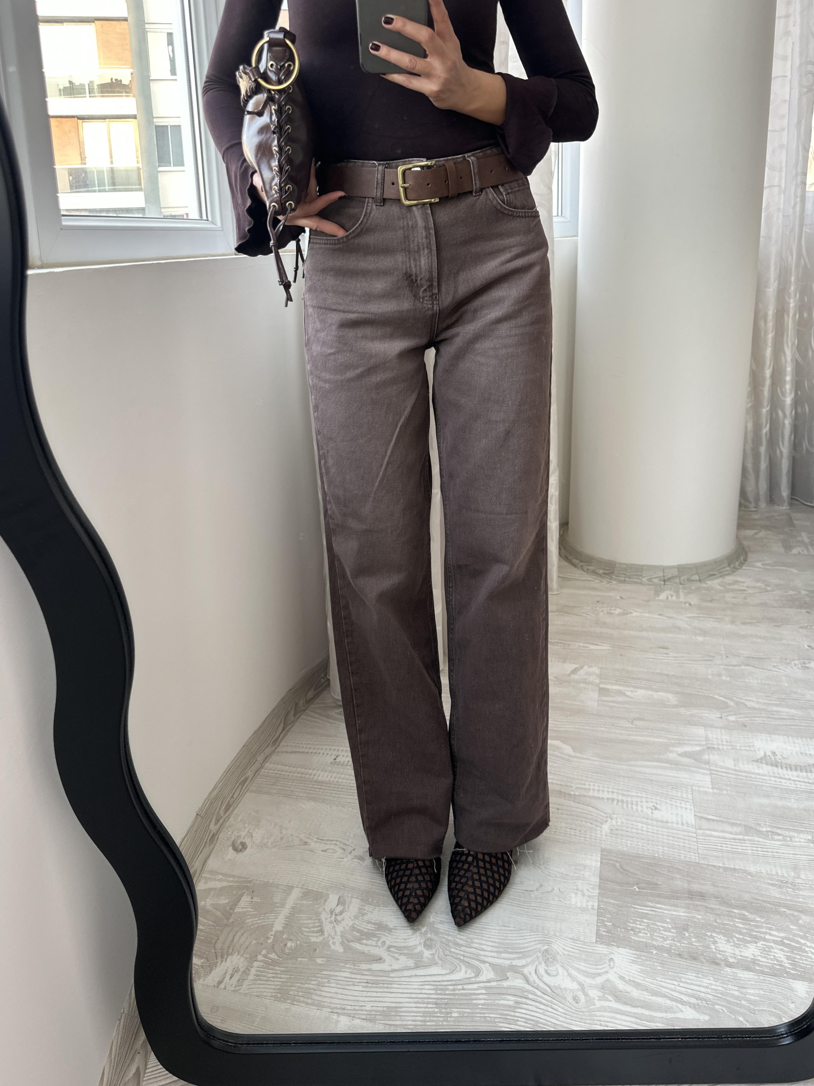 Kahverengi Yıkamalı Straight Paçası Kesik Jean