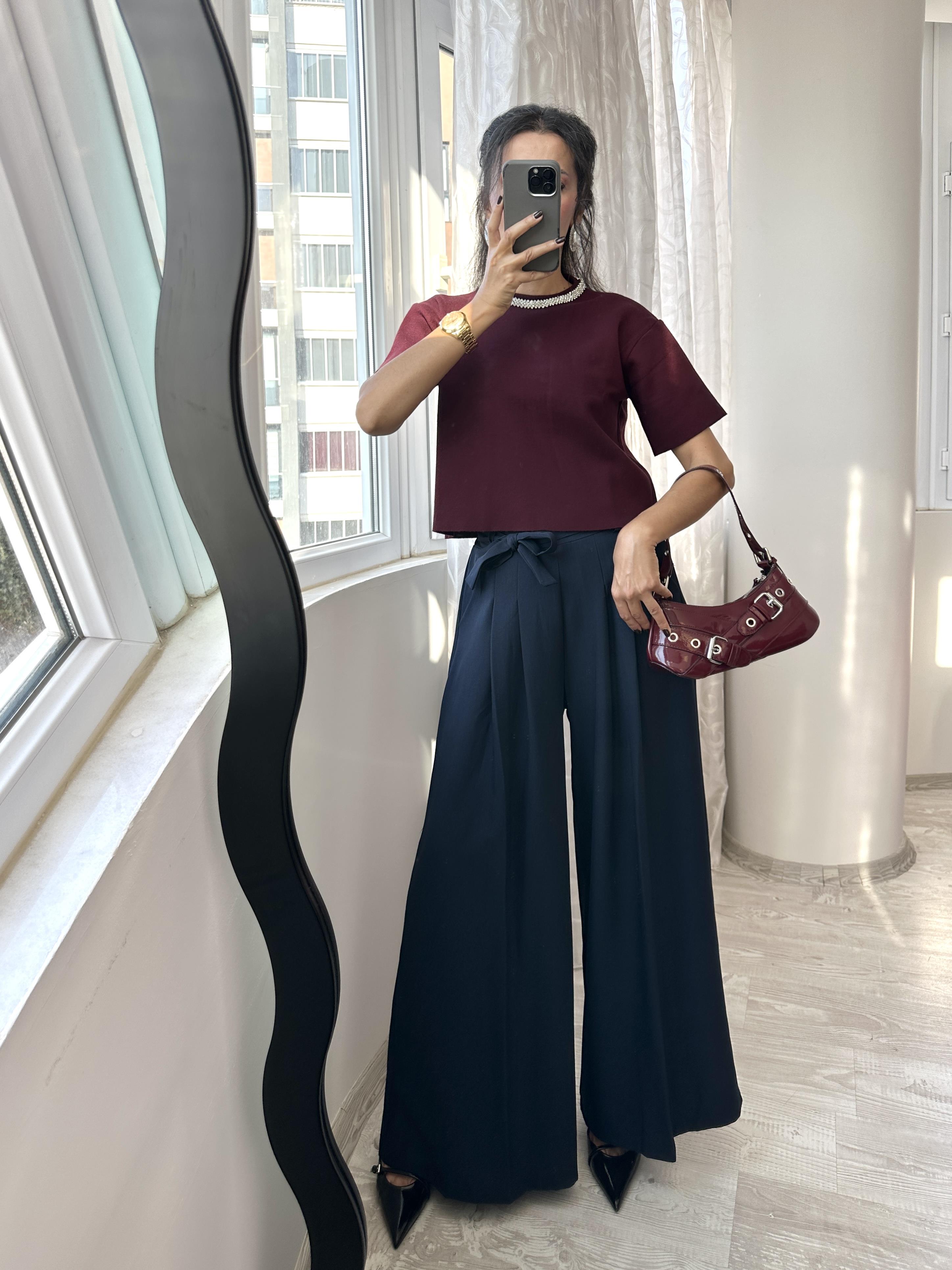 Lacivert Beli Lastikli Etek Pantolon