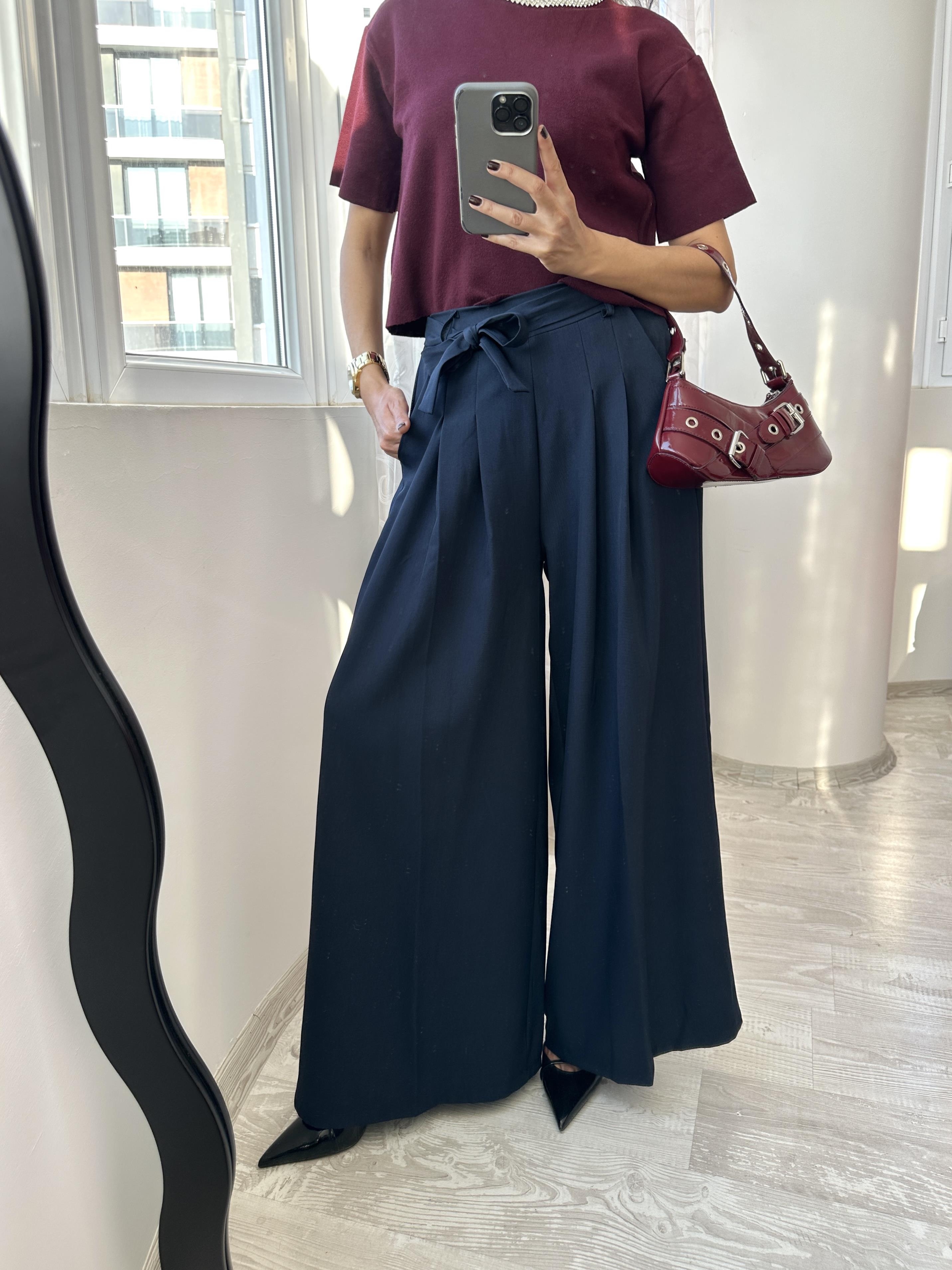 Lacivert Beli Lastikli Etek Pantolon