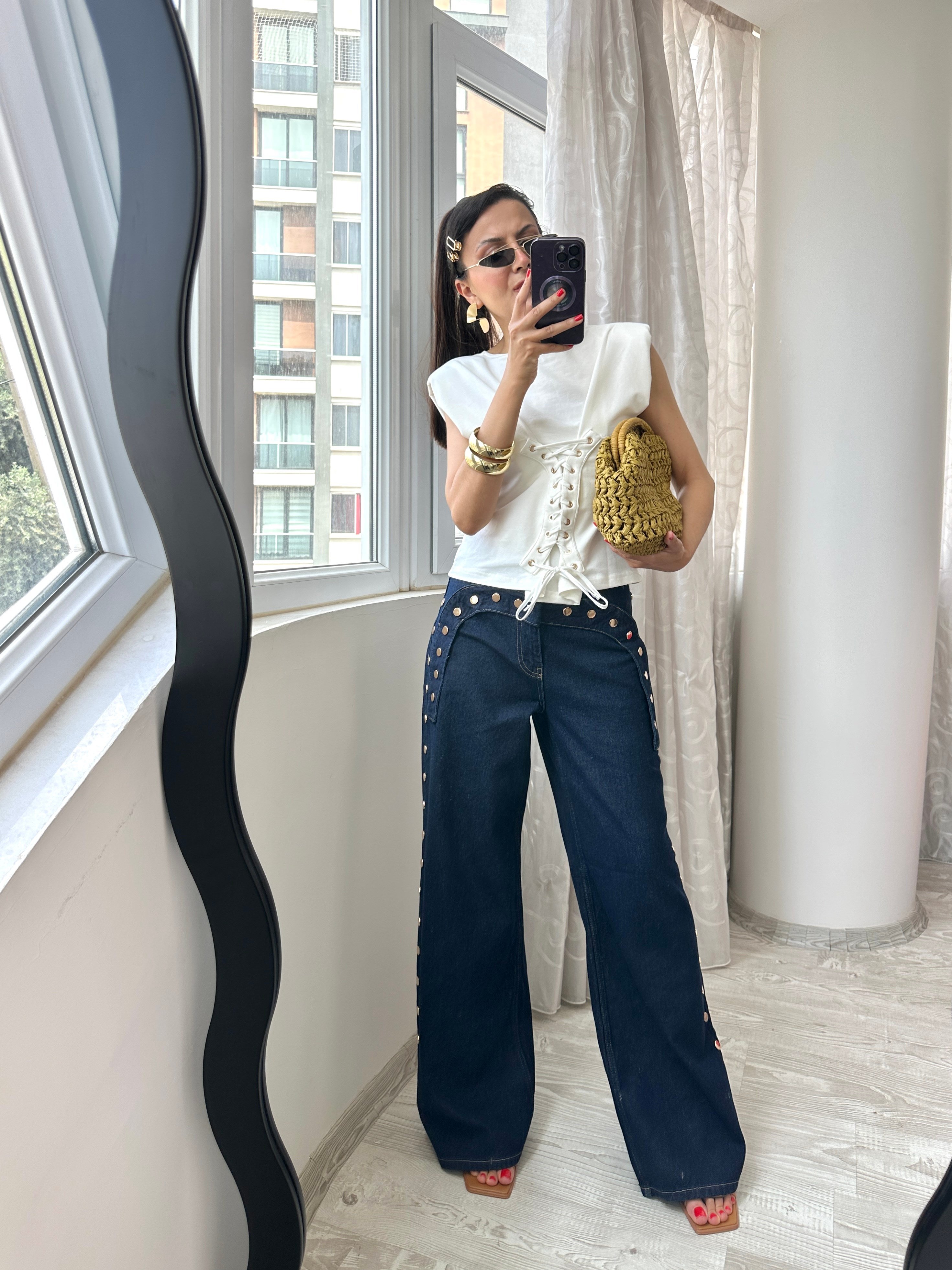 Lacivert Gold Zımbalı Jean Pantoloı