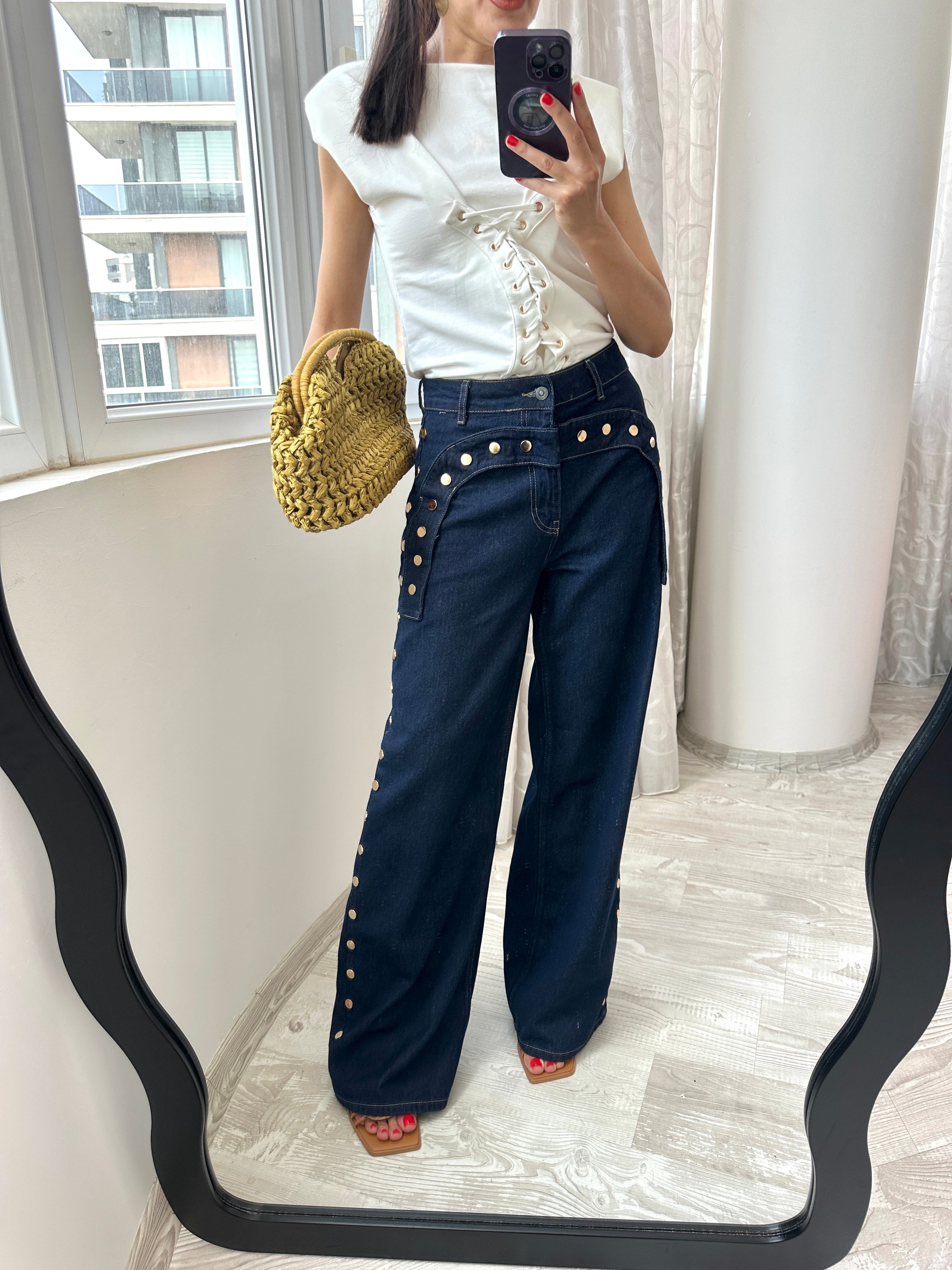 Lacivert Gold Zımbalı Jean Pantoloı