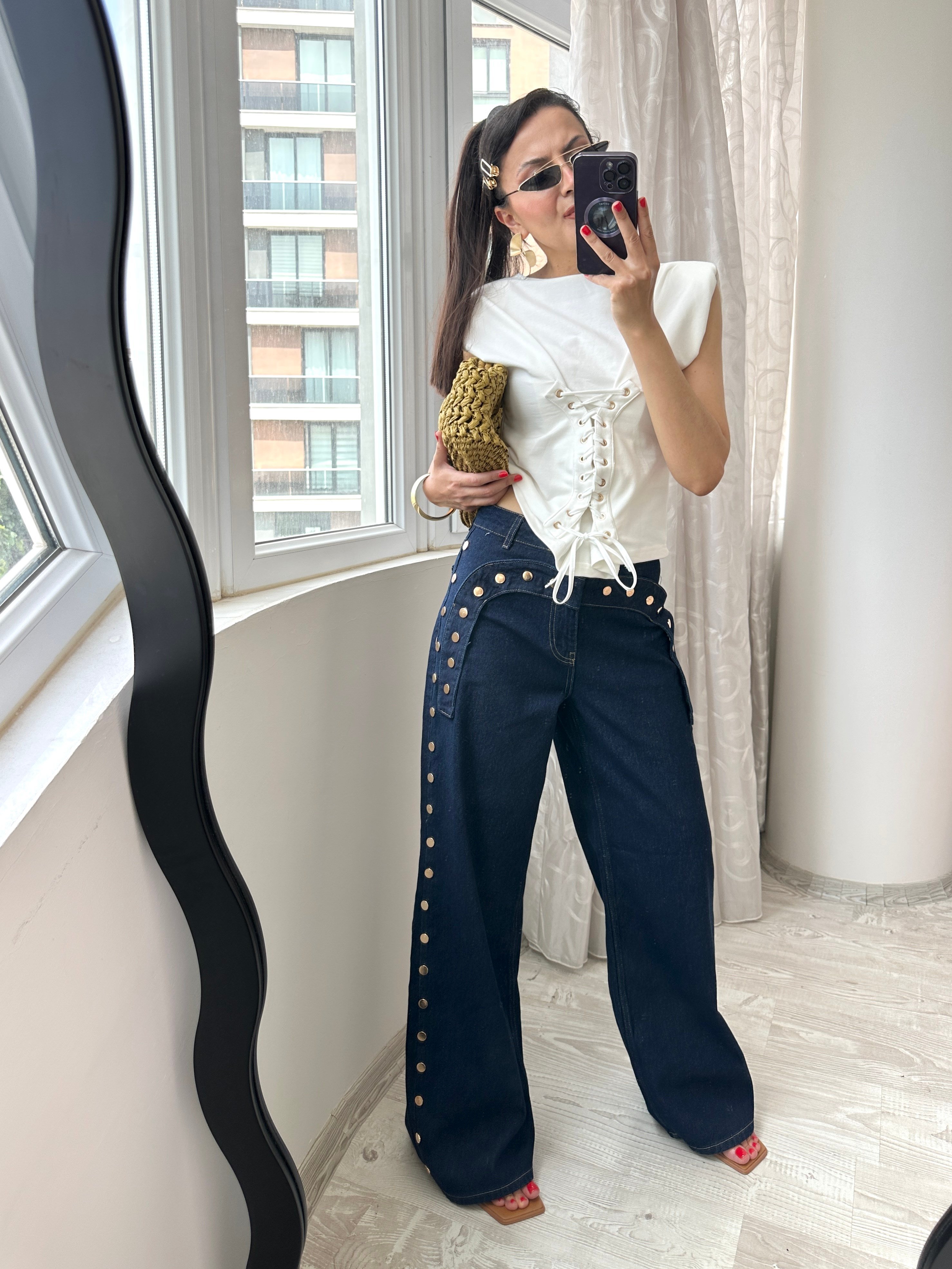 Lacivert Gold Zımbalı Jean Pantoloı