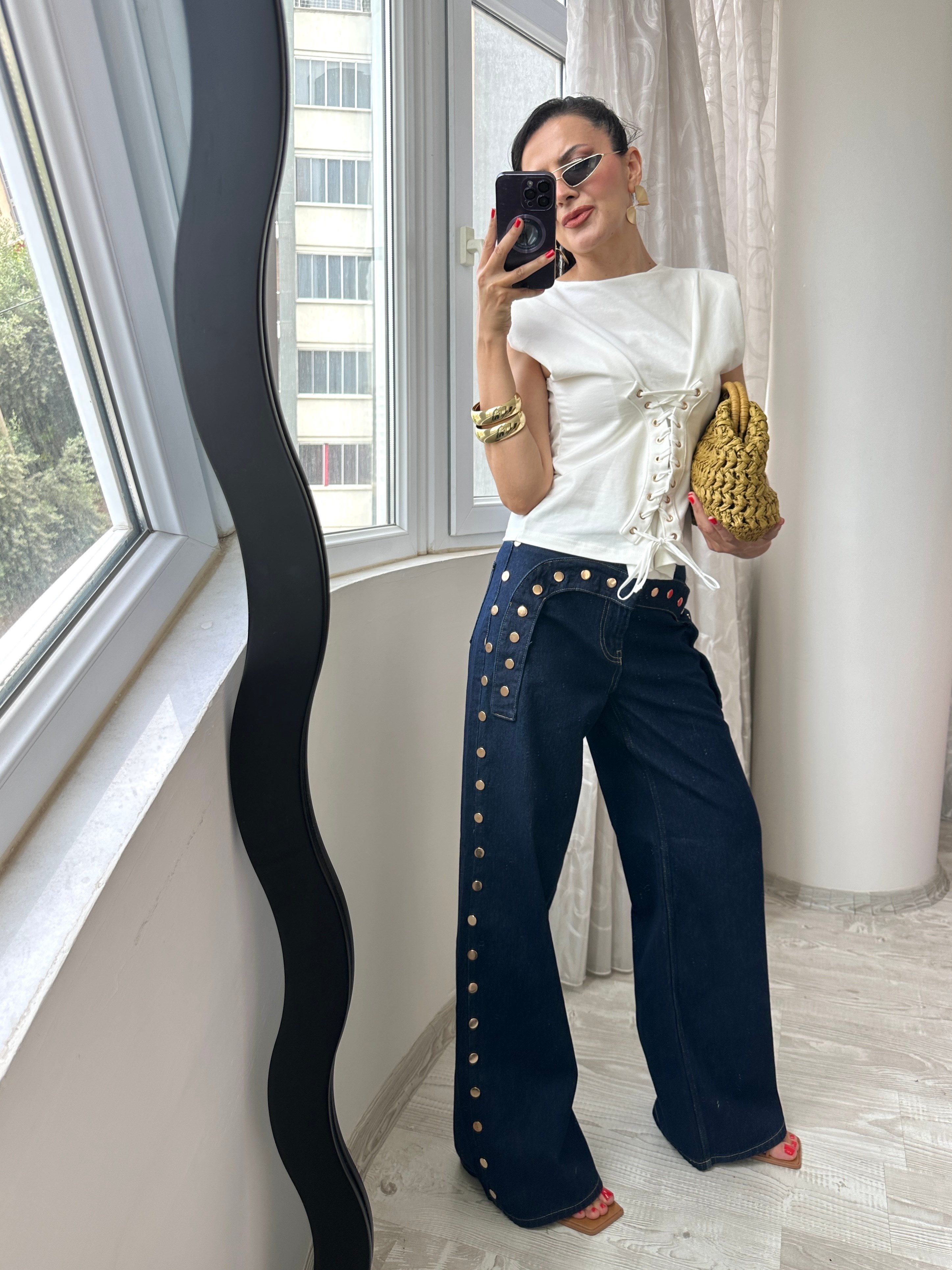 Lacivert Gold Zımbalı Jean Pantoloı