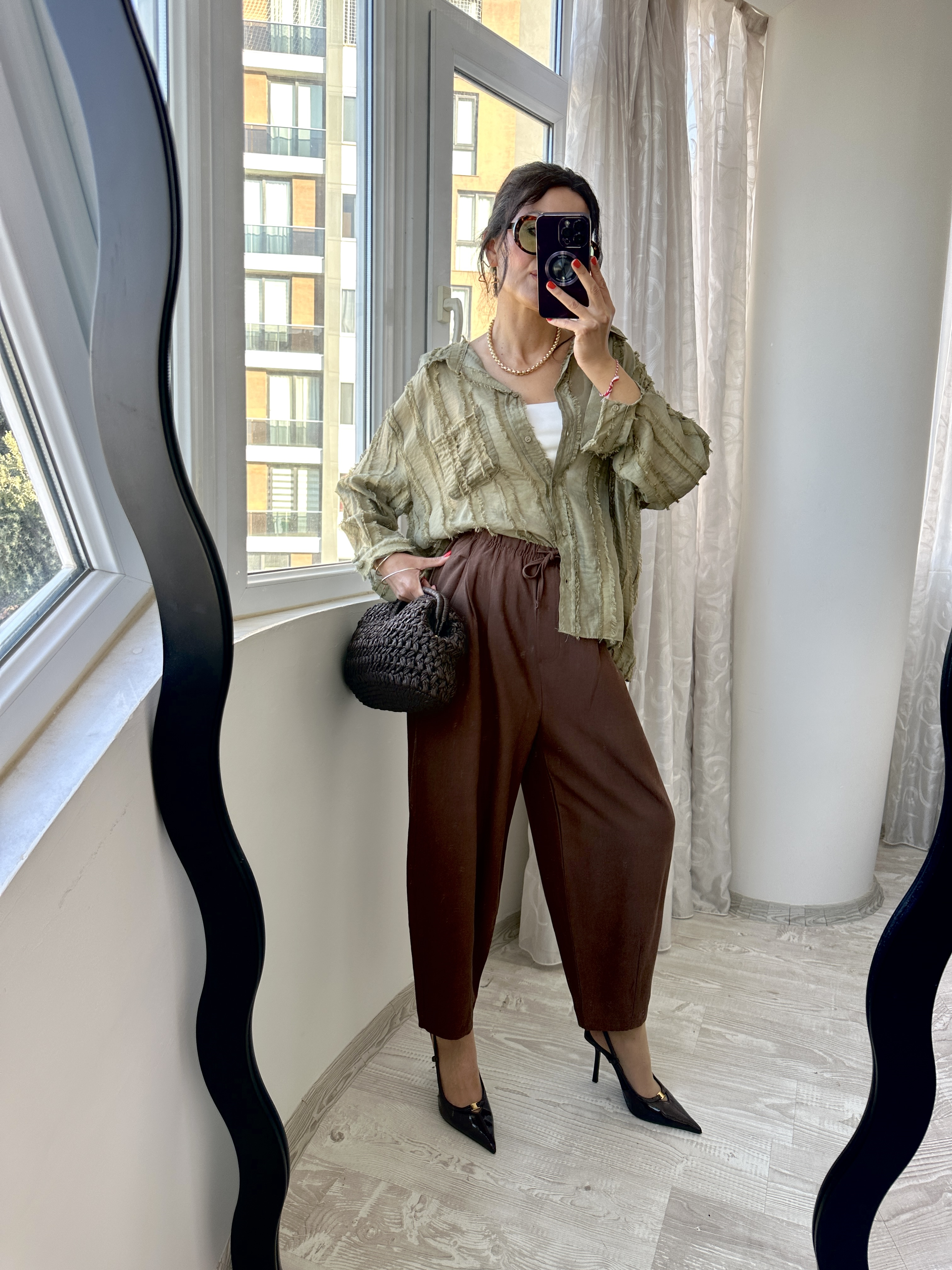 Yağ Yeşili Transparan Oversize Gömlek