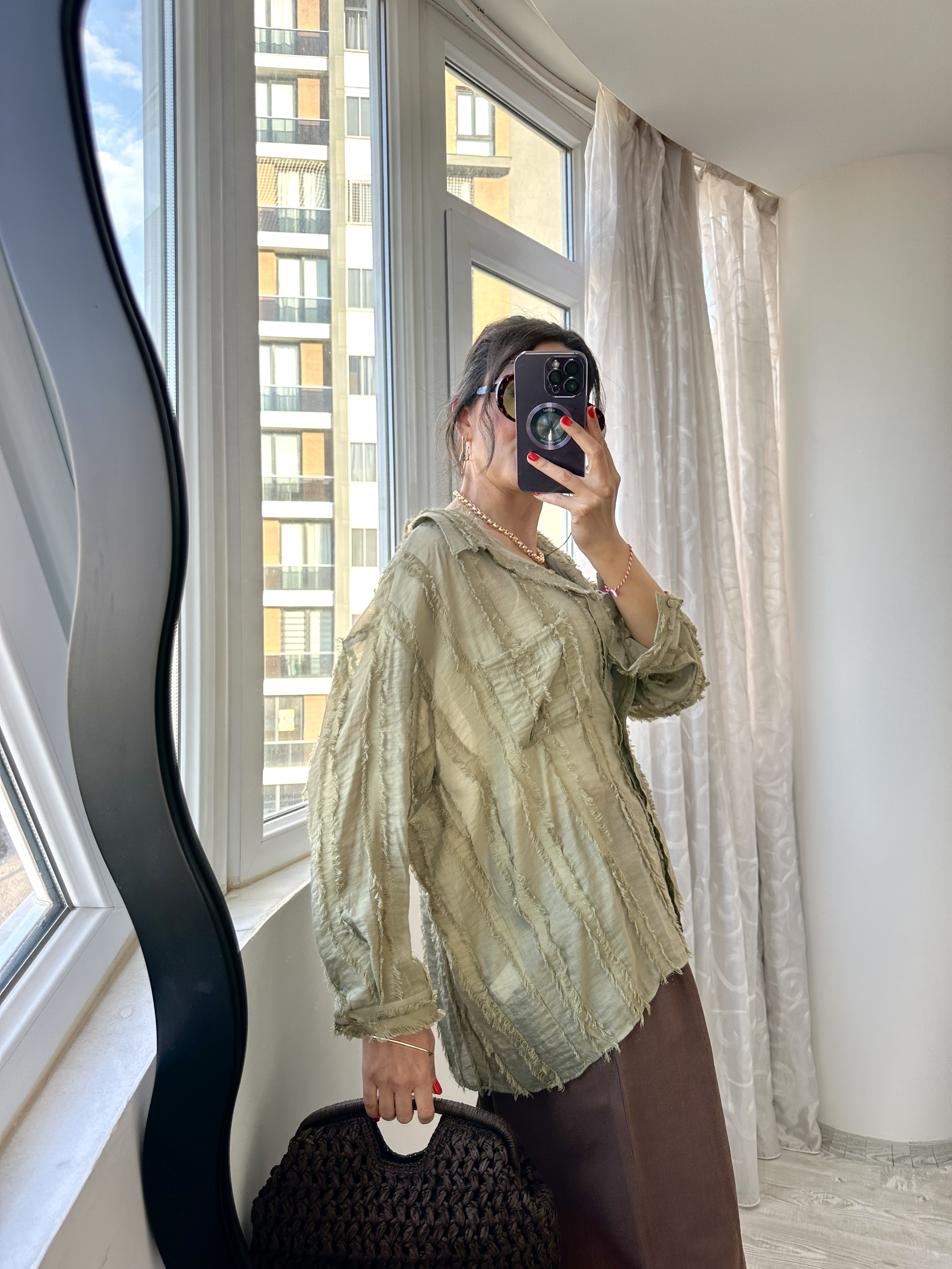 Yağ Yeşili Transparan Oversize Gömlek