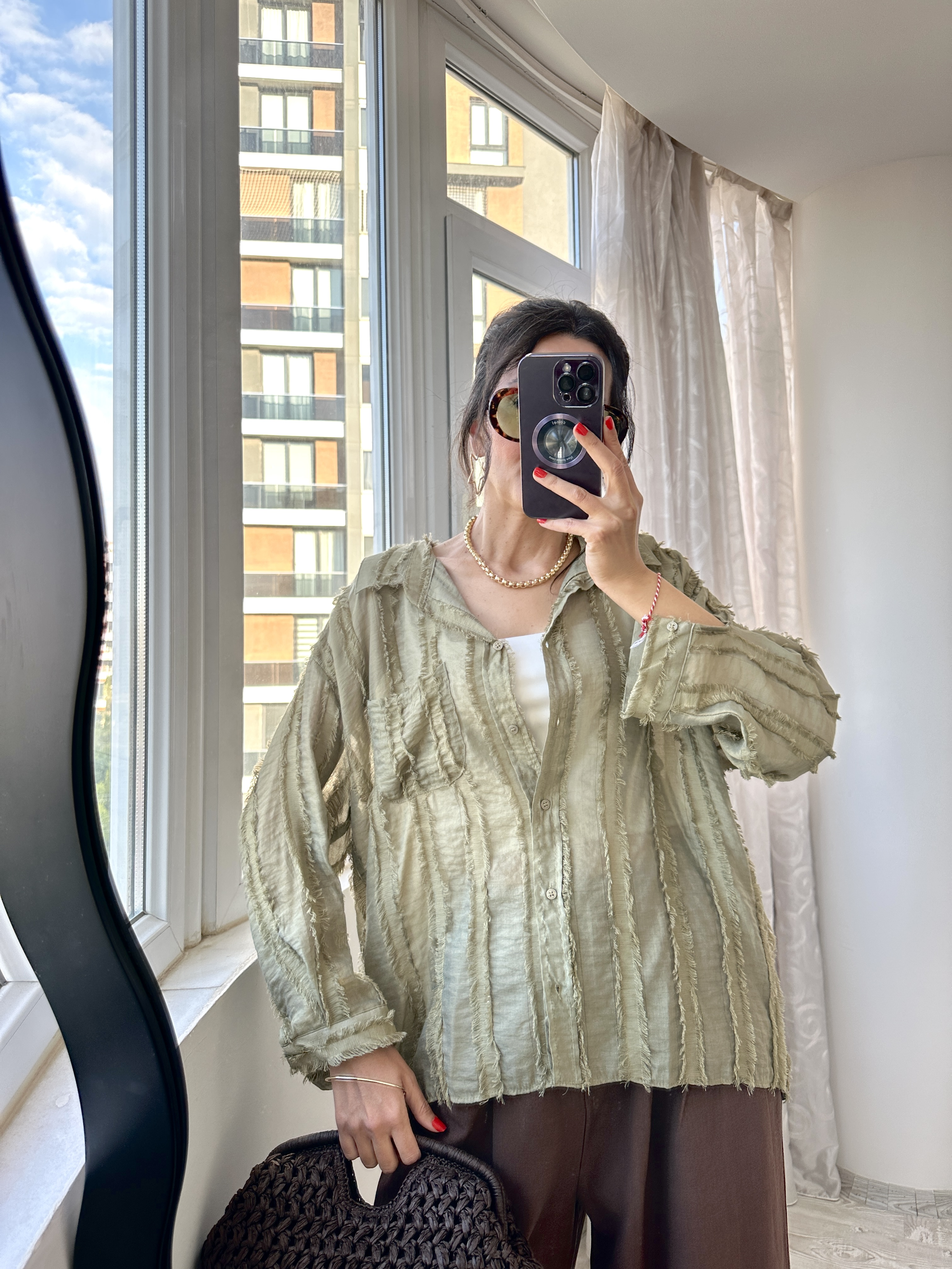 Yağ Yeşili Transparan Oversize Gömlek