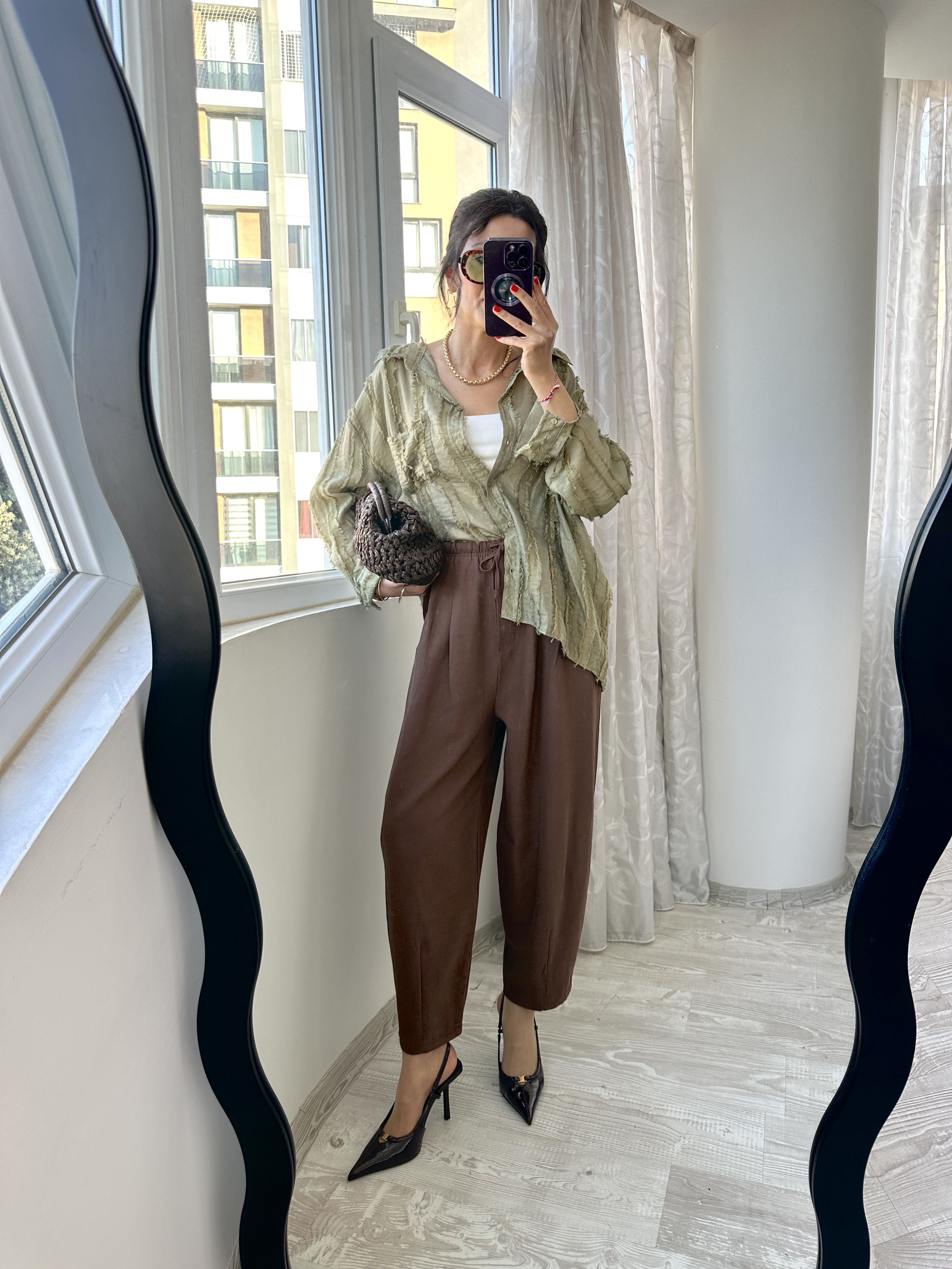 Yağ Yeşili Transparan Oversize Gömlek