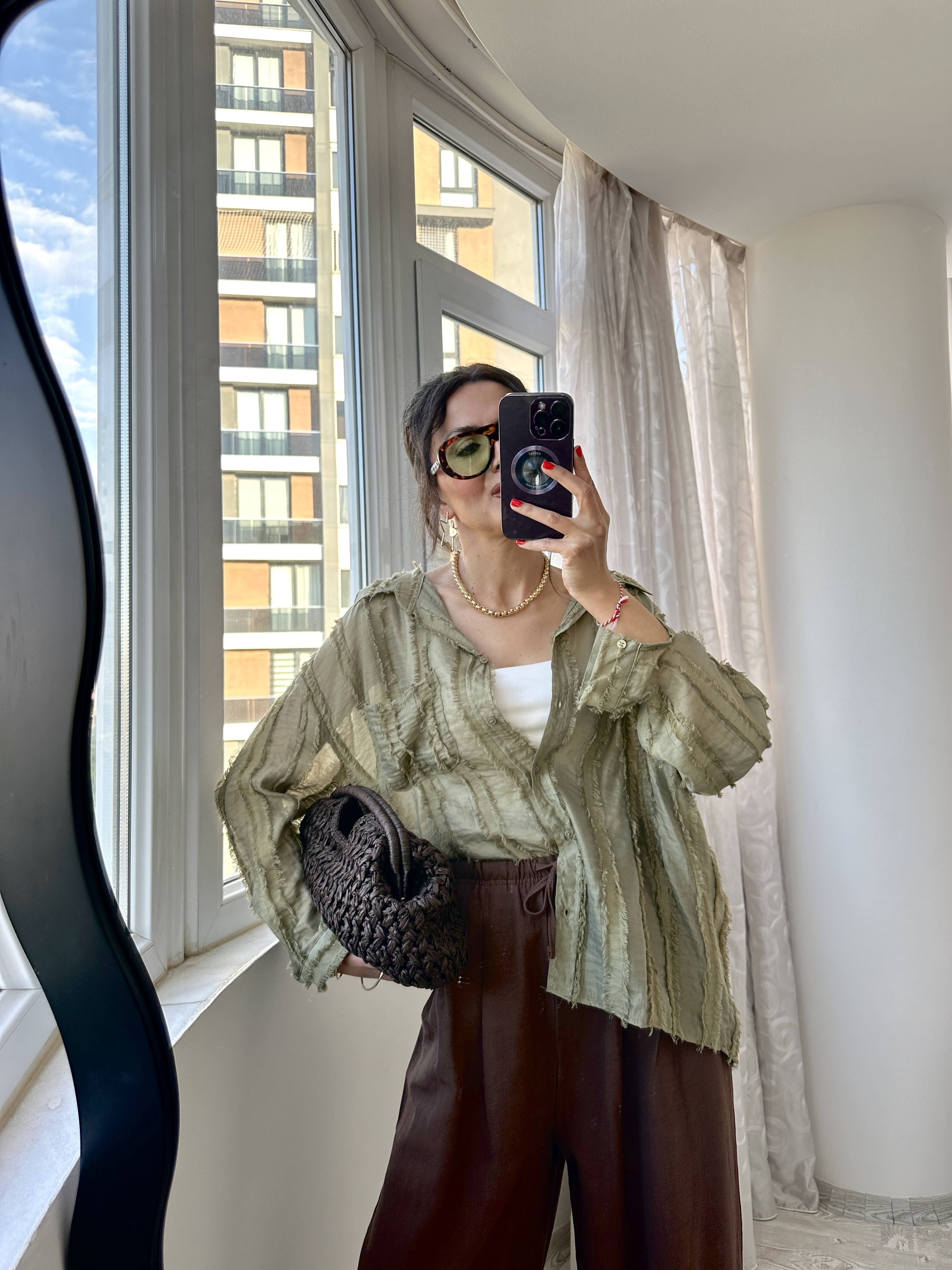 Yağ Yeşili Transparan Oversize Gömlek