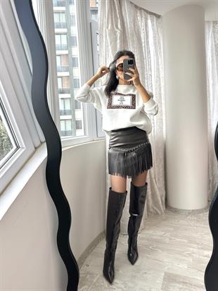 Acı Kahve Saçaklı Zımbalı Mini Deri Etek( 1 beden büyüğü önerilir) 