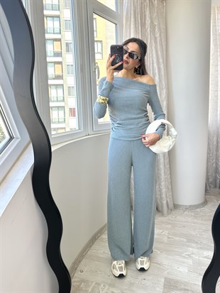 Açık Mavi Düşük Omuz Bluz Pantolon Takım
