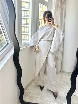 Bej Asimetrik Bluz Pantolon Takım