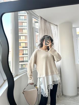 Bej Dantelli Saten Detaylı Yumoş Bluz
