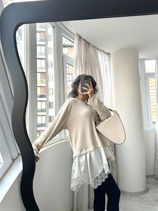 Bej Dantelli Saten Detaylı Yumoş Bluz