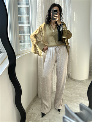 Bej Leopar Beli Lastikli Saten Pantolon