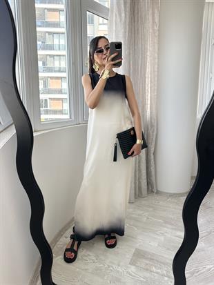 Bej Siyah Geçişli Kolsuz Uzun Elbise