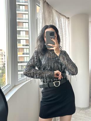 Gümüş Saçak Payetli Transpan Bluz