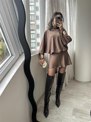 Kahverengi Yarasakol Saten Mini Elbise