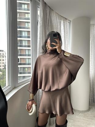 Kahverengi Yarasakol Saten Mini Elbise