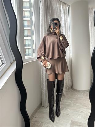 Kahverengi Yarasakol Saten Mini Elbise