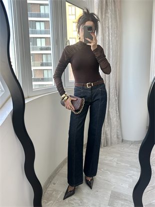 Lacivert Kemerli Dikiş Detaylı Denim Jean