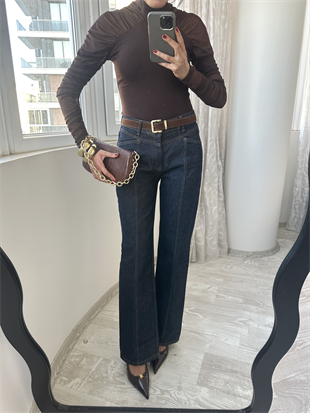 Lacivert Kemerli Dikiş Detaylı Denim Jean