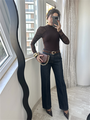 Lacivert Kemerli Dikiş Detaylı Denim Jean