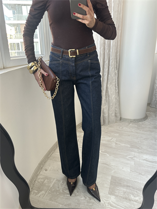 Lacivert Kemerli Dikiş Detaylı Denim Jean