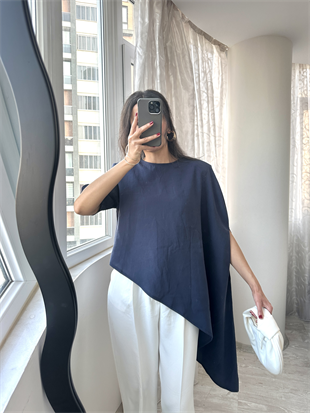 Lacivert Vatkalı Asimetrik Bluz
