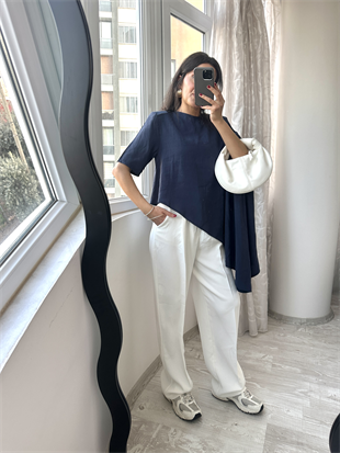 Lacivert Vatkalı Asimetrik Bluz