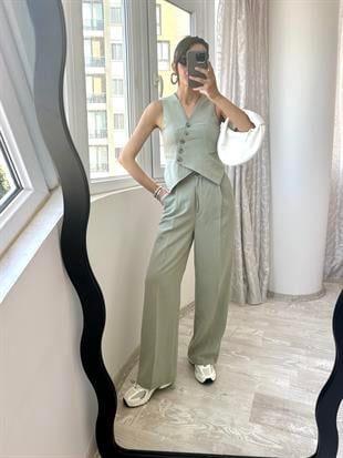 Mint Yeşili Verev Yelek Pantolon Takım