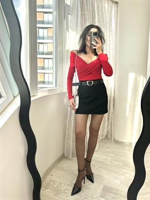 Siyah Kemerli Mini Kaşe Etek (1 beden büyüğü önerilir)