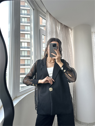 Siyah Organze Detaylı Blazer Ceket