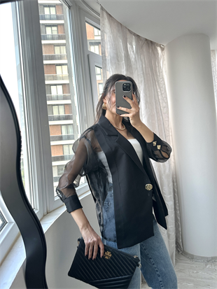 Siyah Organze Detaylı Blazer Ceket