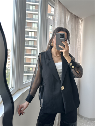 Siyah Organze Detaylı Blazer Ceket